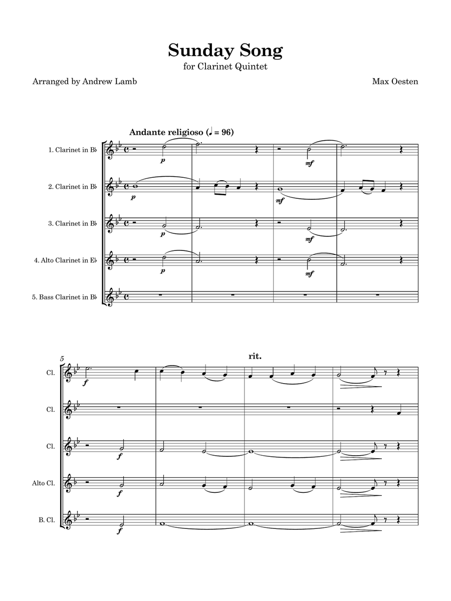 Max Oesten | Sunday Song | for Clarinet Quintet Clarinet Quintet scores gallery preview page 4