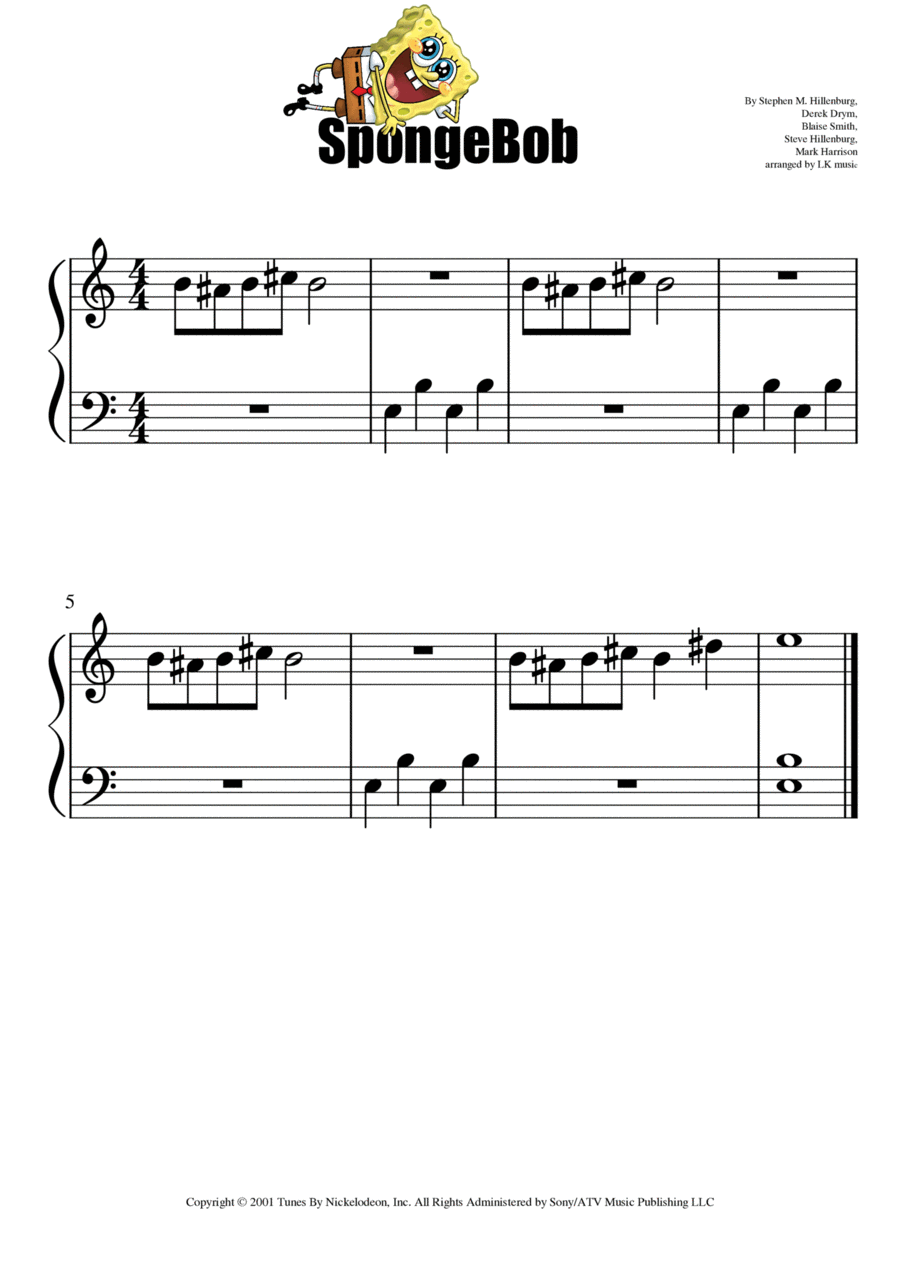 Spongebob Squarepants Theme Song Easy Piano scores gallery preview page 1