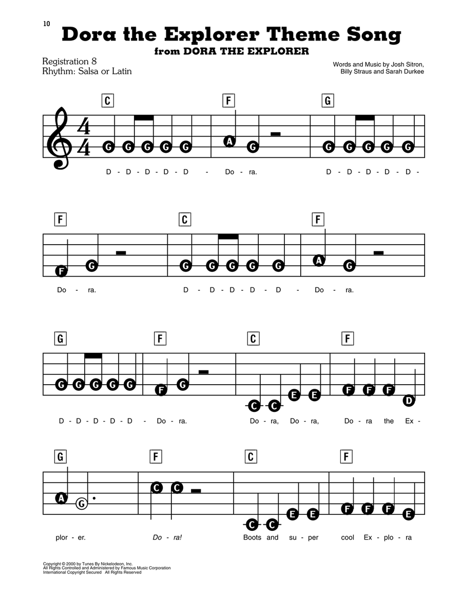 Dora The Explorer Theme Song Electronic Keyboard scores gallery preview page 1