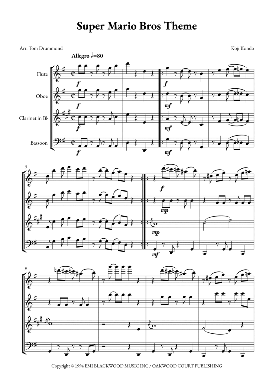 Super Mario Bros Theme Woodwind Quartet scores gallery preview page 1