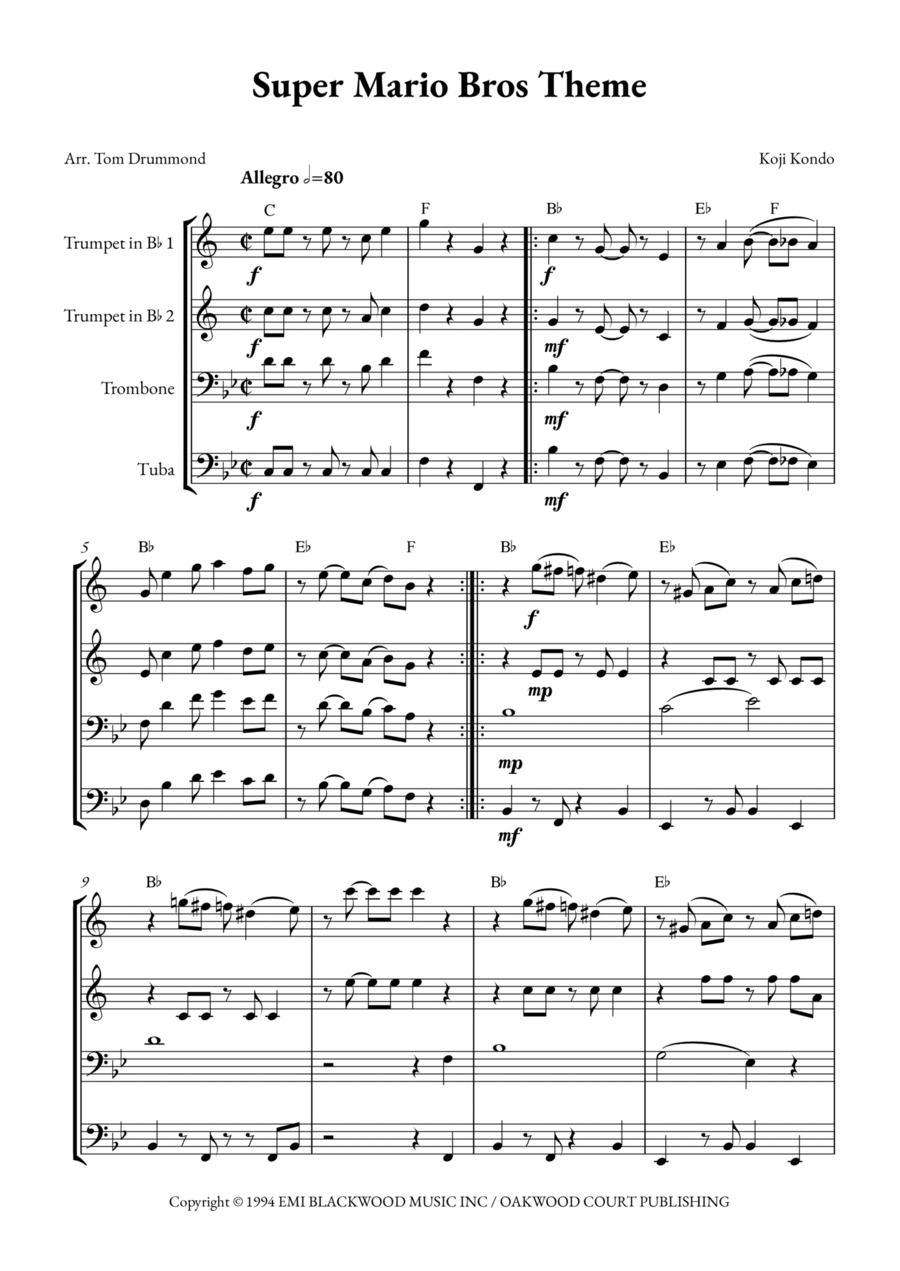 Super Mario Bros Theme Brass Quartet scores gallery preview page 1