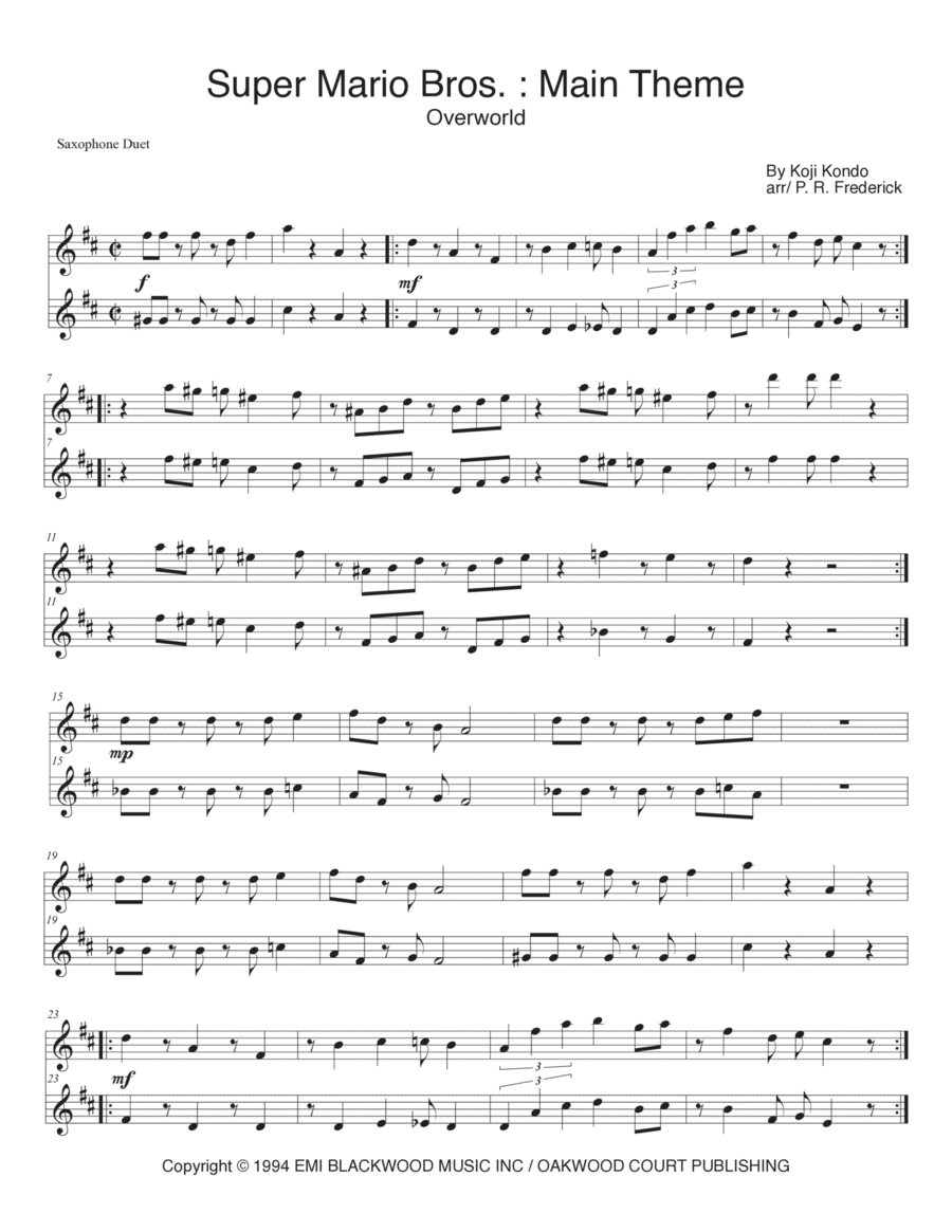 Super Mario Bros Theme Tenor Saxophone scores gallery preview page 1