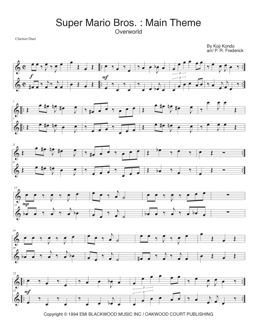 Super Mario Bros Theme Clarinet Duet scores gallery preview page 1