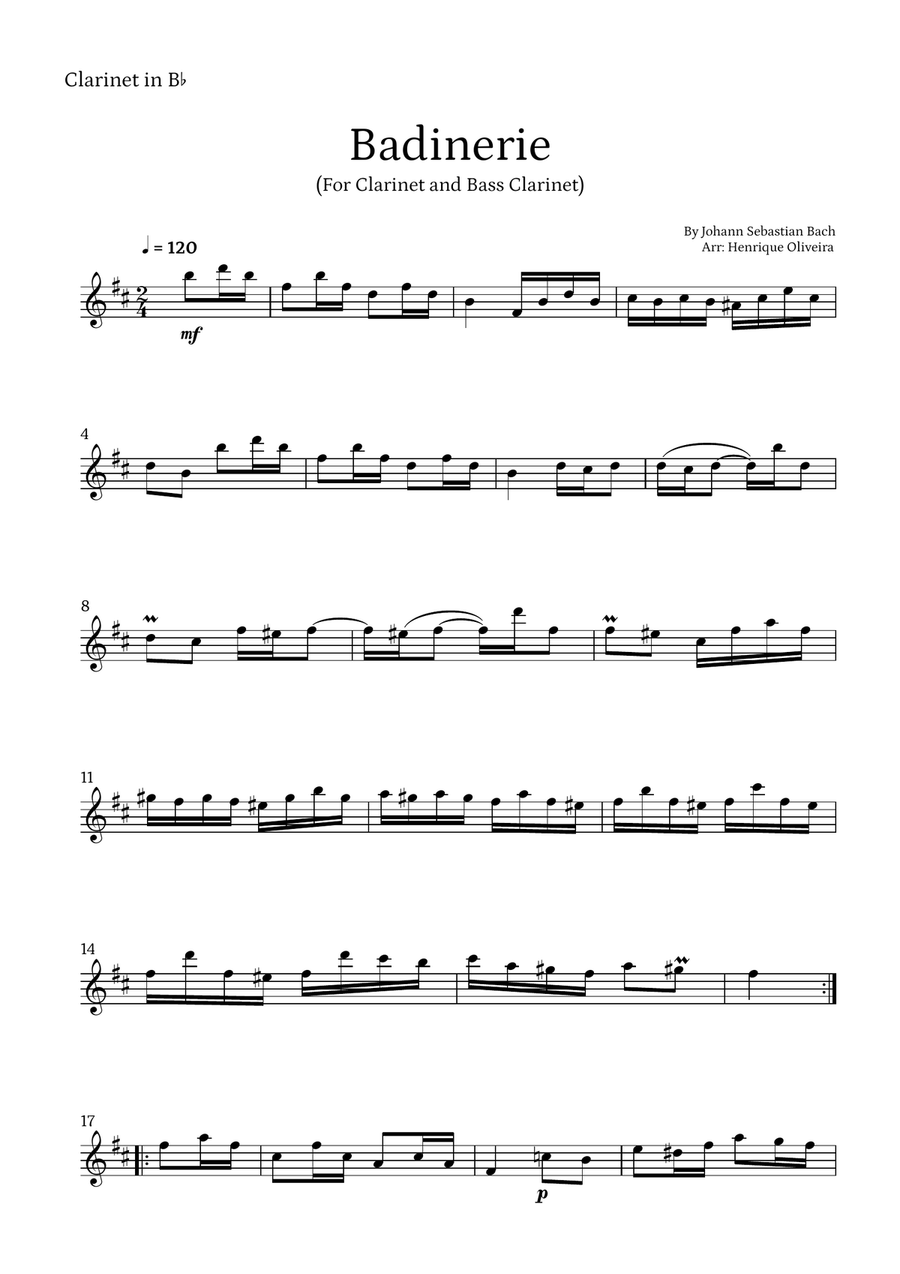 Badinerie by J. S. Bach (For Clarinet and Bass Clarinet) Woodwind Duet scores gallery preview page 4