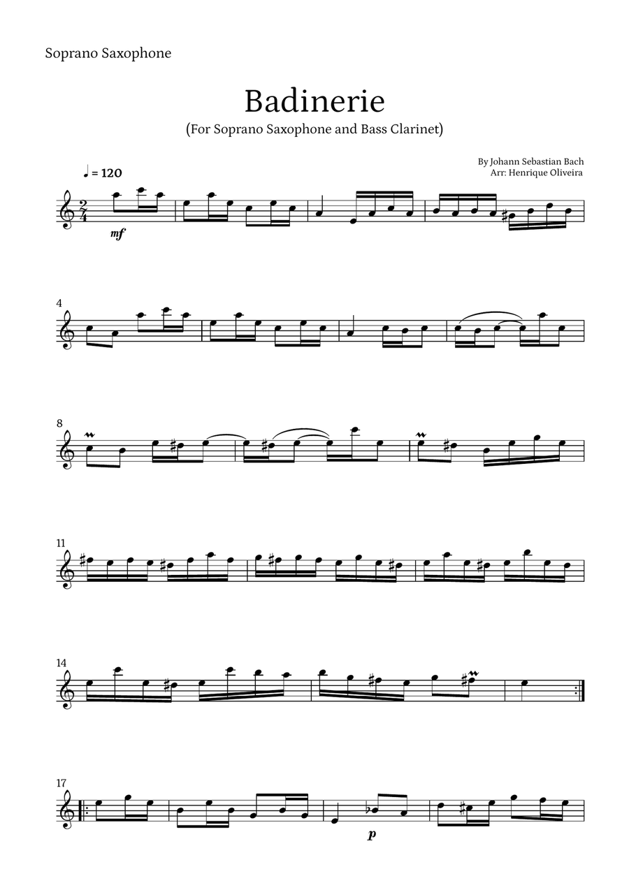 Badinerie by J. S. Bach (For Soprano Saxophone and Bass Clarinet) Woodwind Duet scores gallery preview page 4