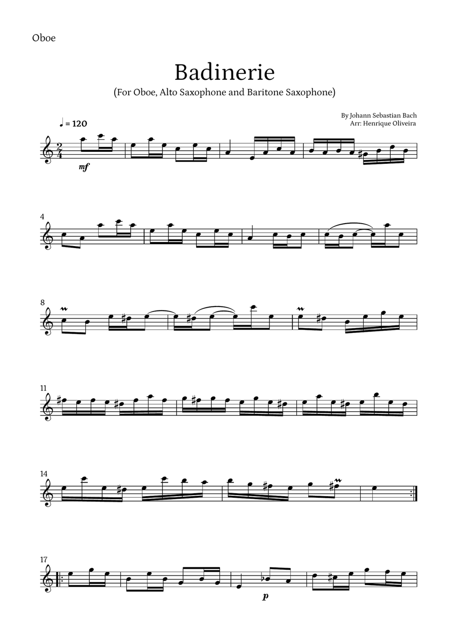 Badinerie by J. S. Bach (For Oboe, Alto Saxophone and Baritone Saxophone) Woodwind Trio scores gallery preview page 5