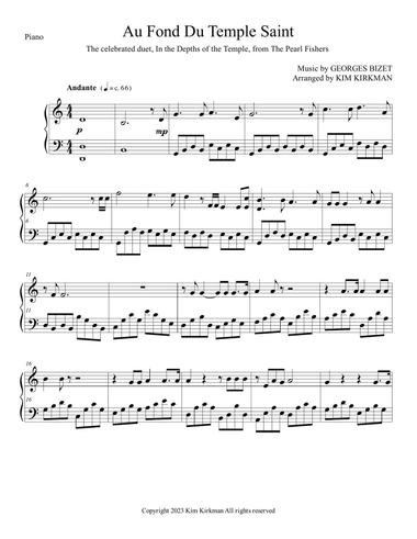 Au font du temple saint (The Peart Fishers Duet) for piano in C no black notes required!