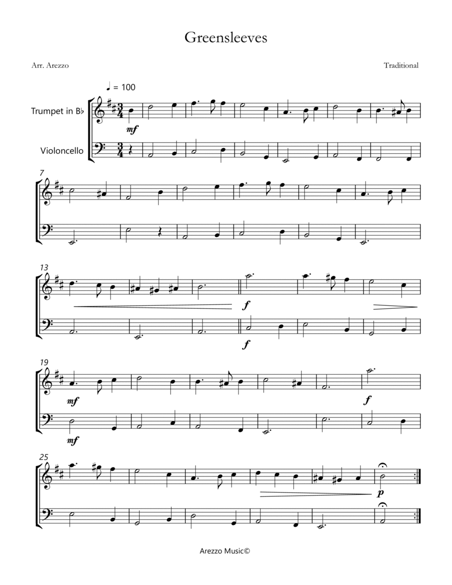 greensleeves celtic traditional for trumpet and cello sheet music Trumpet Duet scores gallery preview page 1