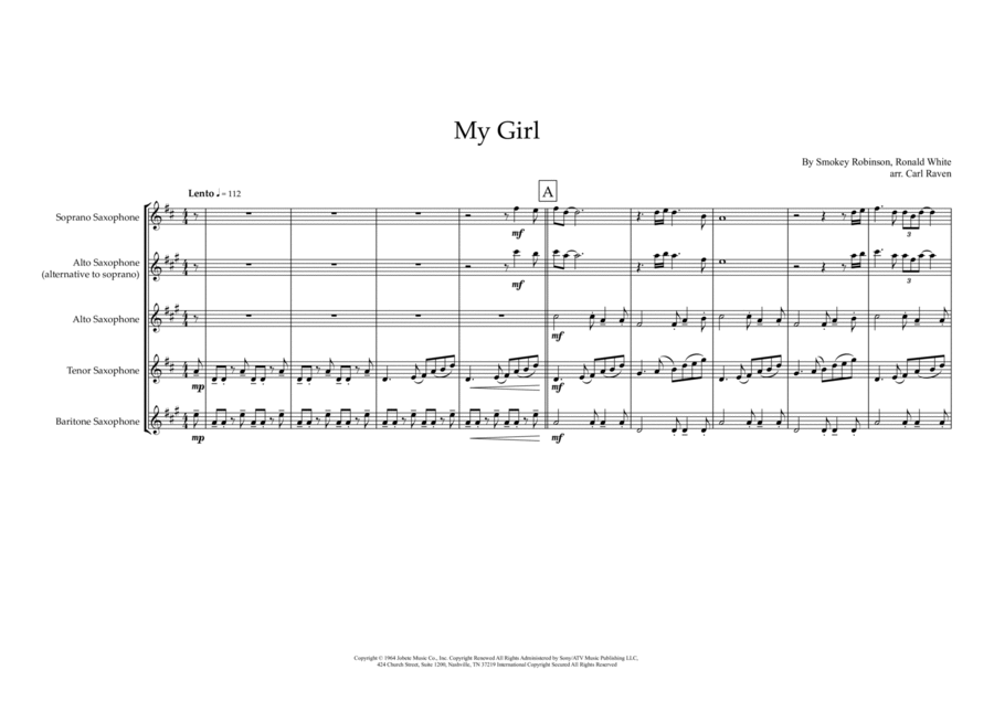 My Girl My Girl Saxophone Quartet scores gallery preview page 1