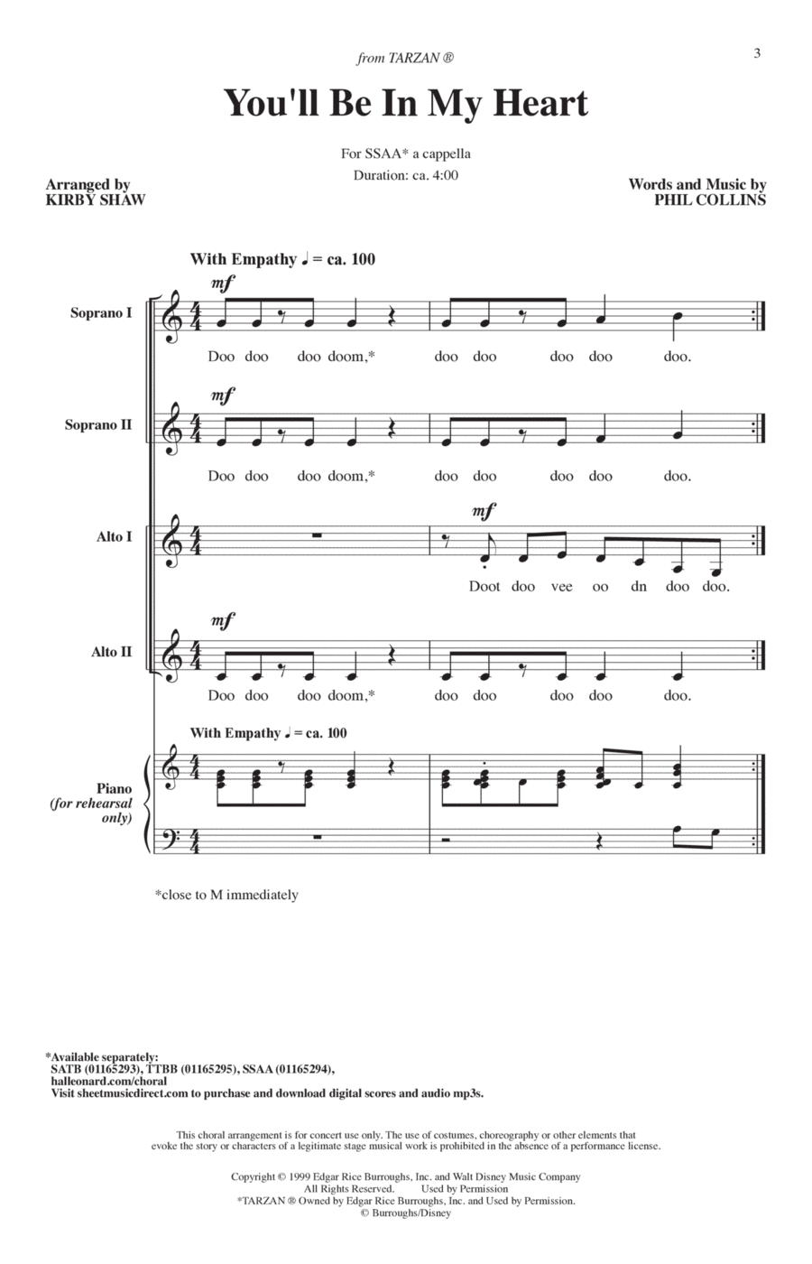 You'll Be In My Heart (Pop Version) (from Tarzan) (arr. Kirby Shaw) SSAA scores gallery preview page 1