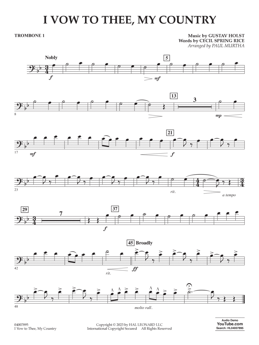 I Vow To Thee, My Country (arr. Murtha) - Trombone 1 Concert Band scores gallery preview page 1