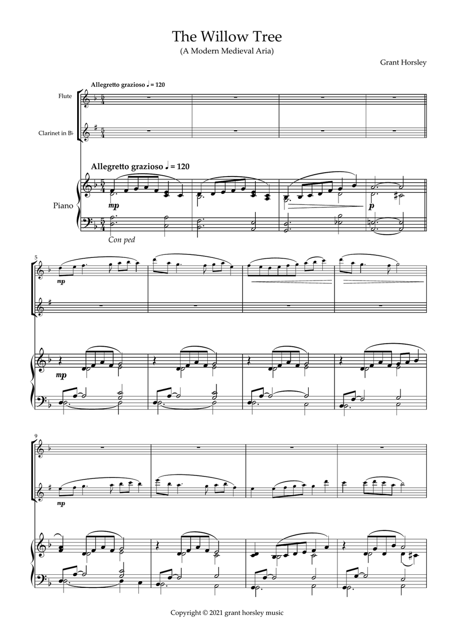 The Willow Tree. A Modern Medieval Aria for Flute, Clarinet and Piano Woodwind Duet scores gallery preview page 2