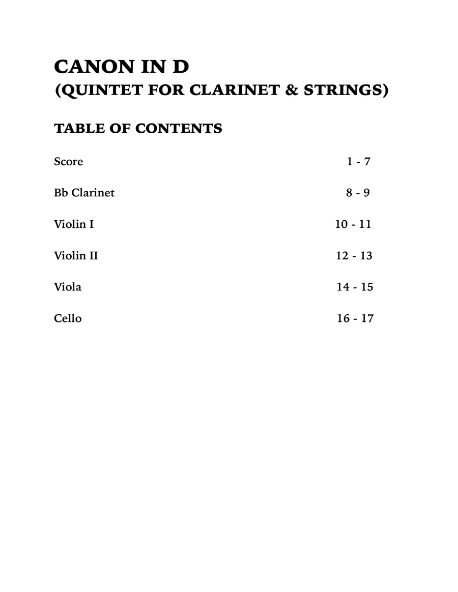 Canon in D (in C Major): Quintet for Clarinet and Strings Small Ensemble scores gallery preview page 4