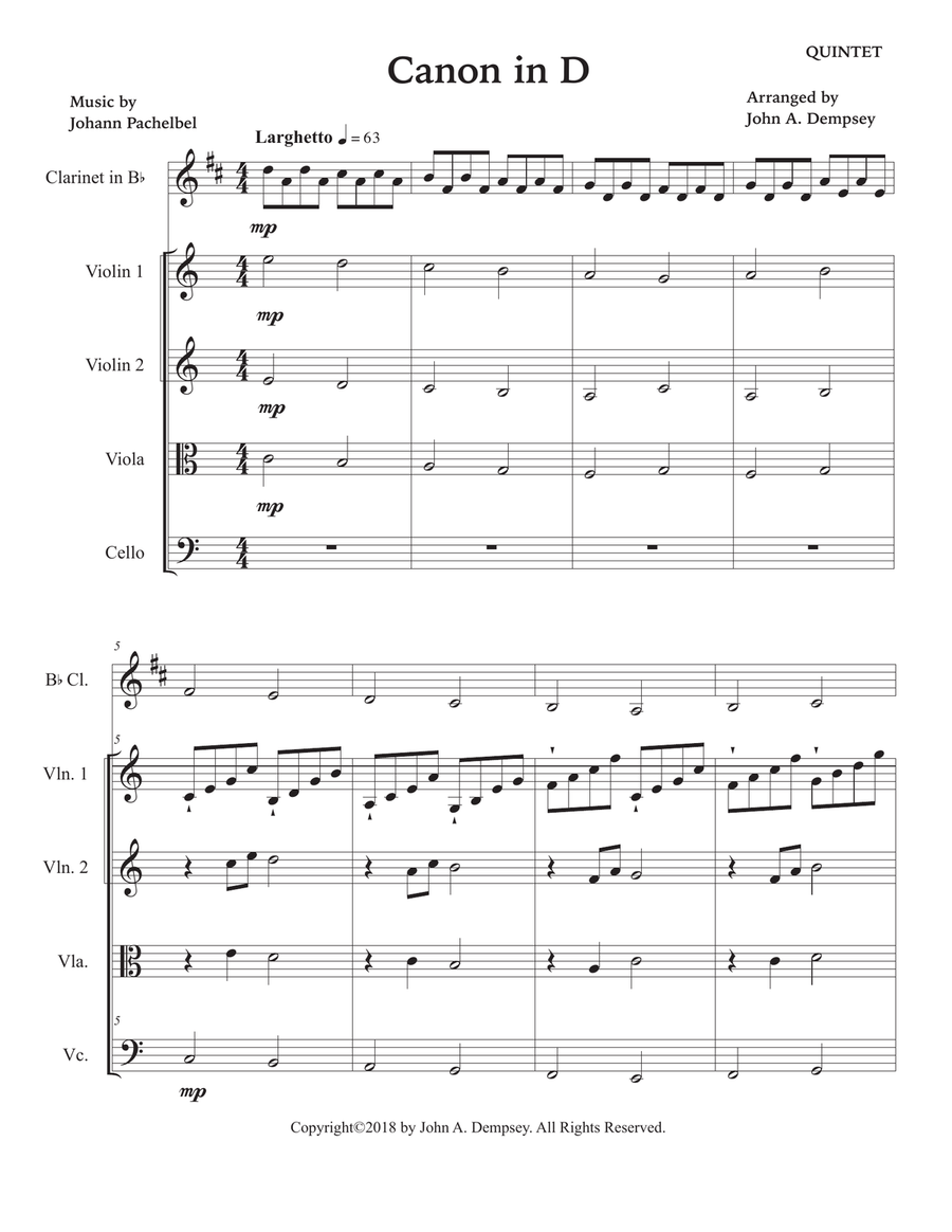 Canon in D (in C Major): Quintet for Clarinet and Strings Small Ensemble scores gallery preview page 5