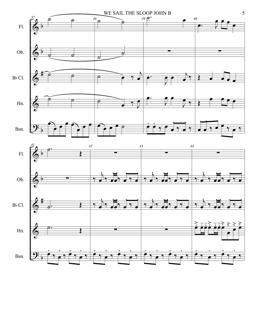 WE SAIL THE SLOOP JOHN B Woodwind Quintet scores gallery preview page 6