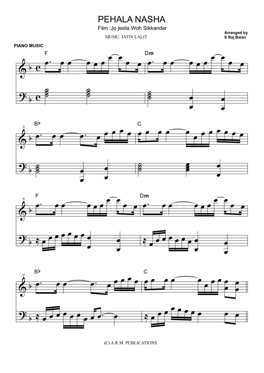 PEHLA NASHA | FILM : JO JEETA WOH SIKKANDAR | PIANO SHEET MUSIC Piano Method scores gallery preview page 1