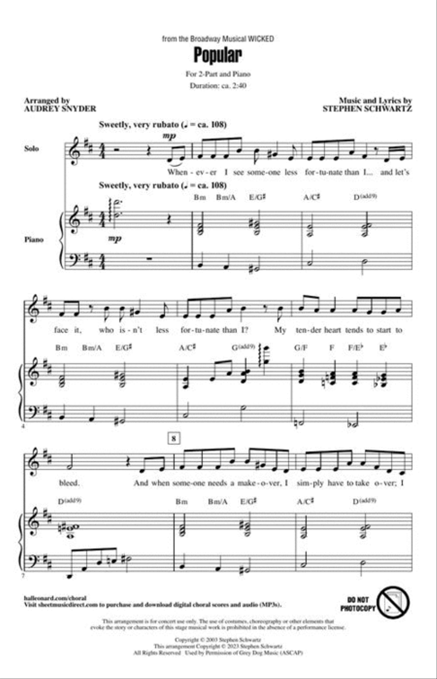 Popular (from the Broadway Musical “Wicked”) 2-Part scores gallery preview page 3
