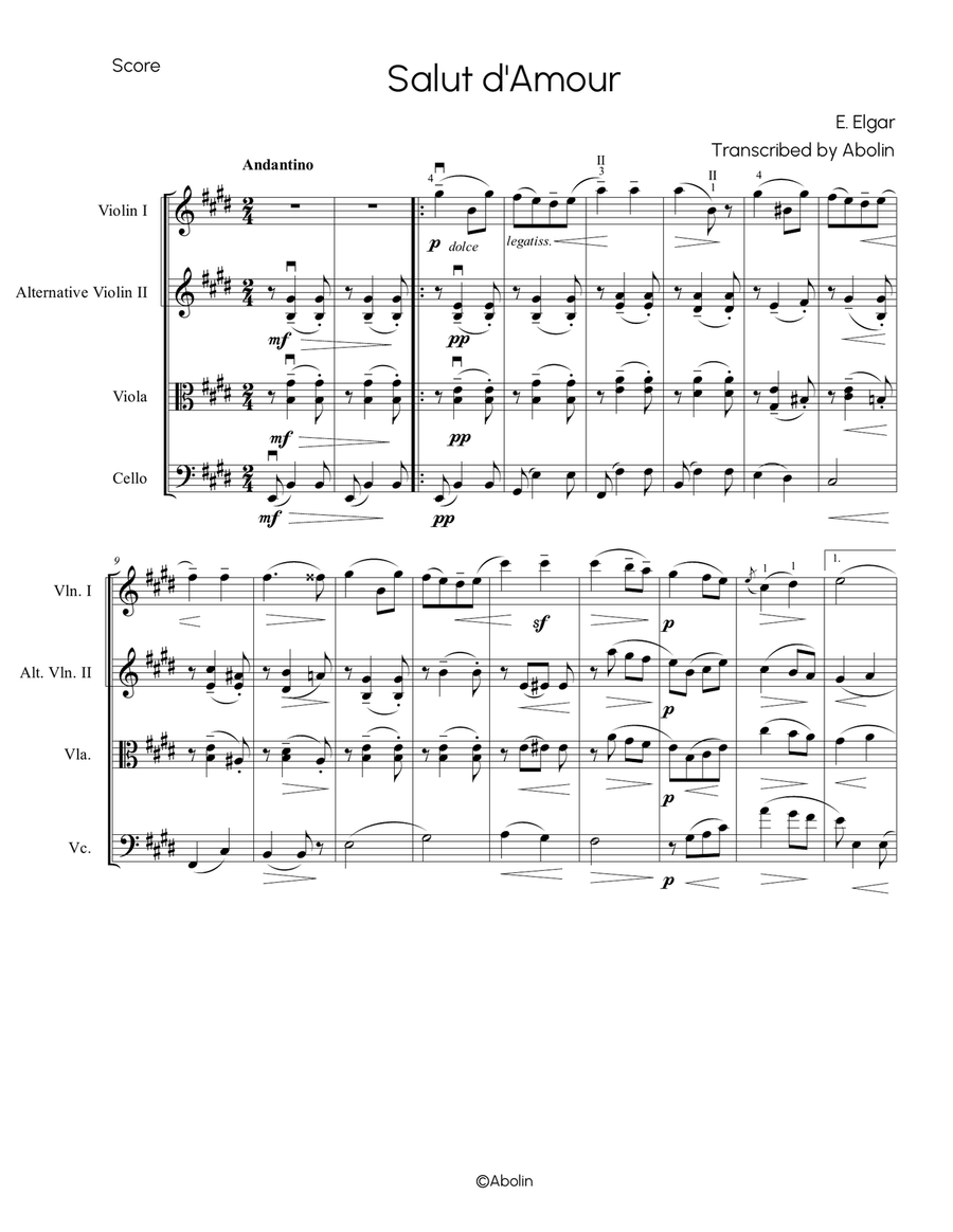 Elgar: Salut d'Amour - String Trio (Violin, Viola, Cello), or 2 Violins and Cello String Trio scores gallery preview page 2