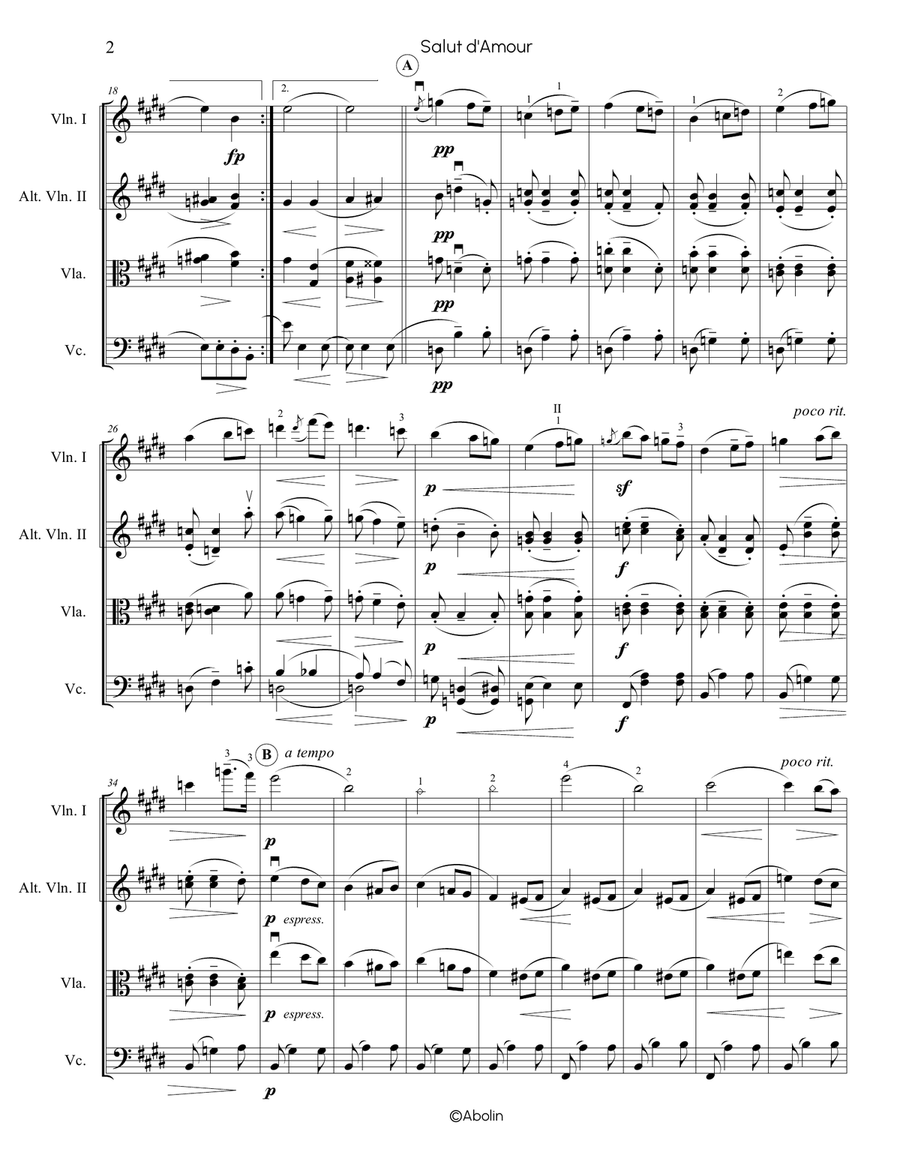 Elgar: Salut d'Amour - String Trio (Violin, Viola, Cello), or 2 Violins and Cello String Trio scores gallery preview page 3