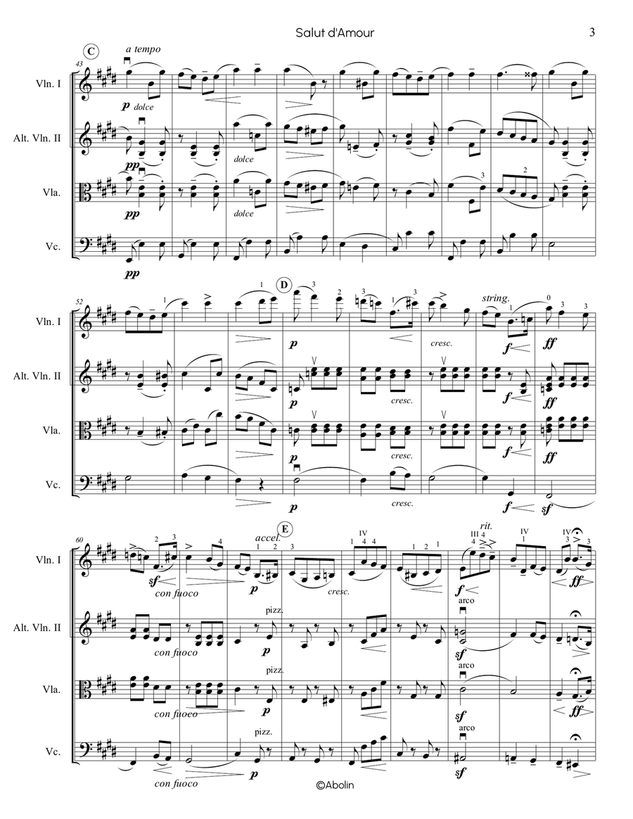 Elgar: Salut d'Amour - String Trio (Violin, Viola, Cello), or 2 Violins and Cello String Trio scores gallery preview page 4