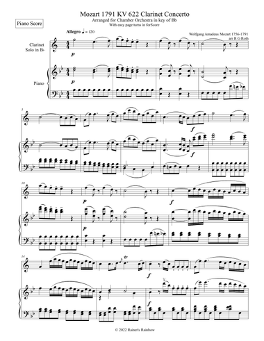 Mozart 1791 KV 622 Clarinet for Bb with Piano Score and Parts