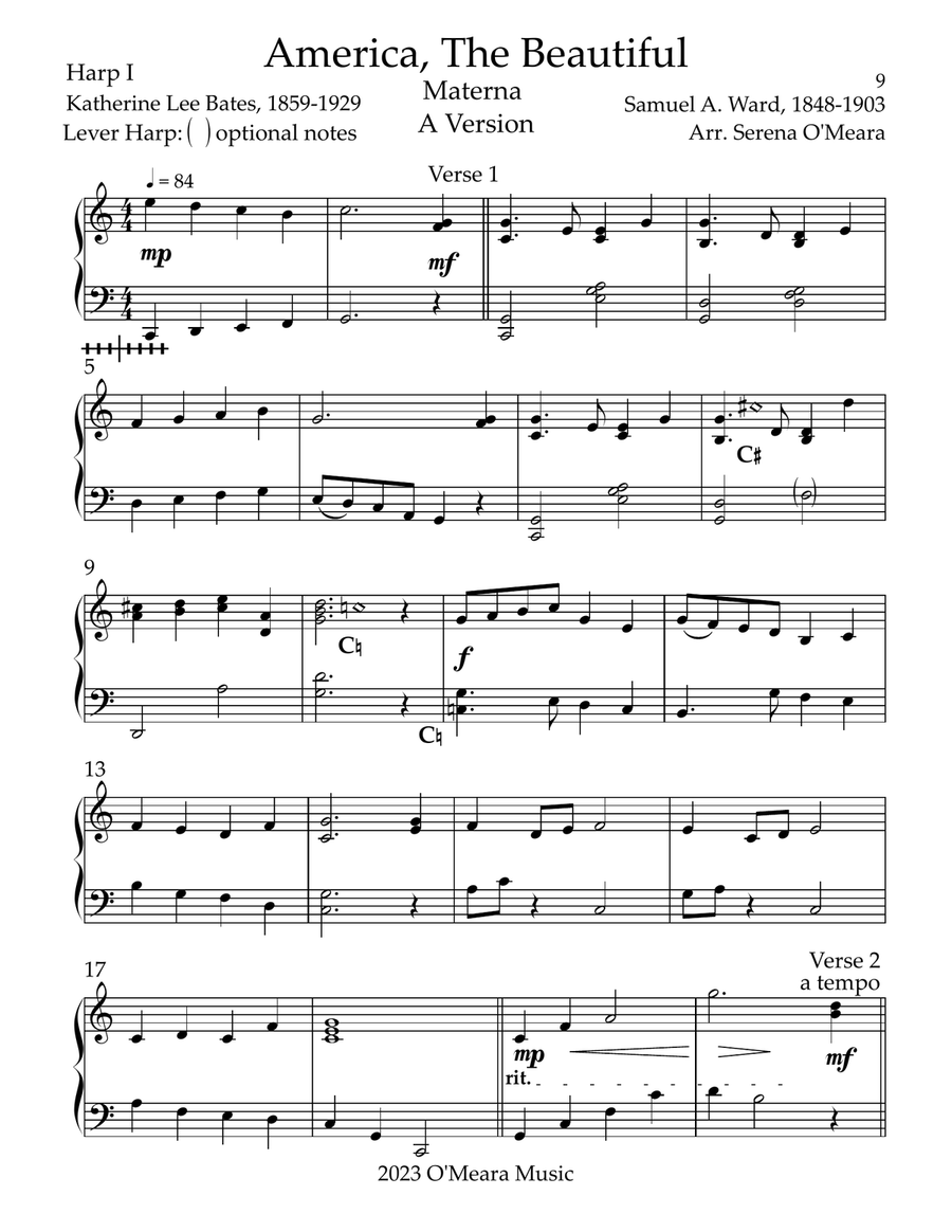 America The Beautiful, Multi-Level Duet for Harps, A Version, Harp I Pedal Harp scores gallery preview page 2