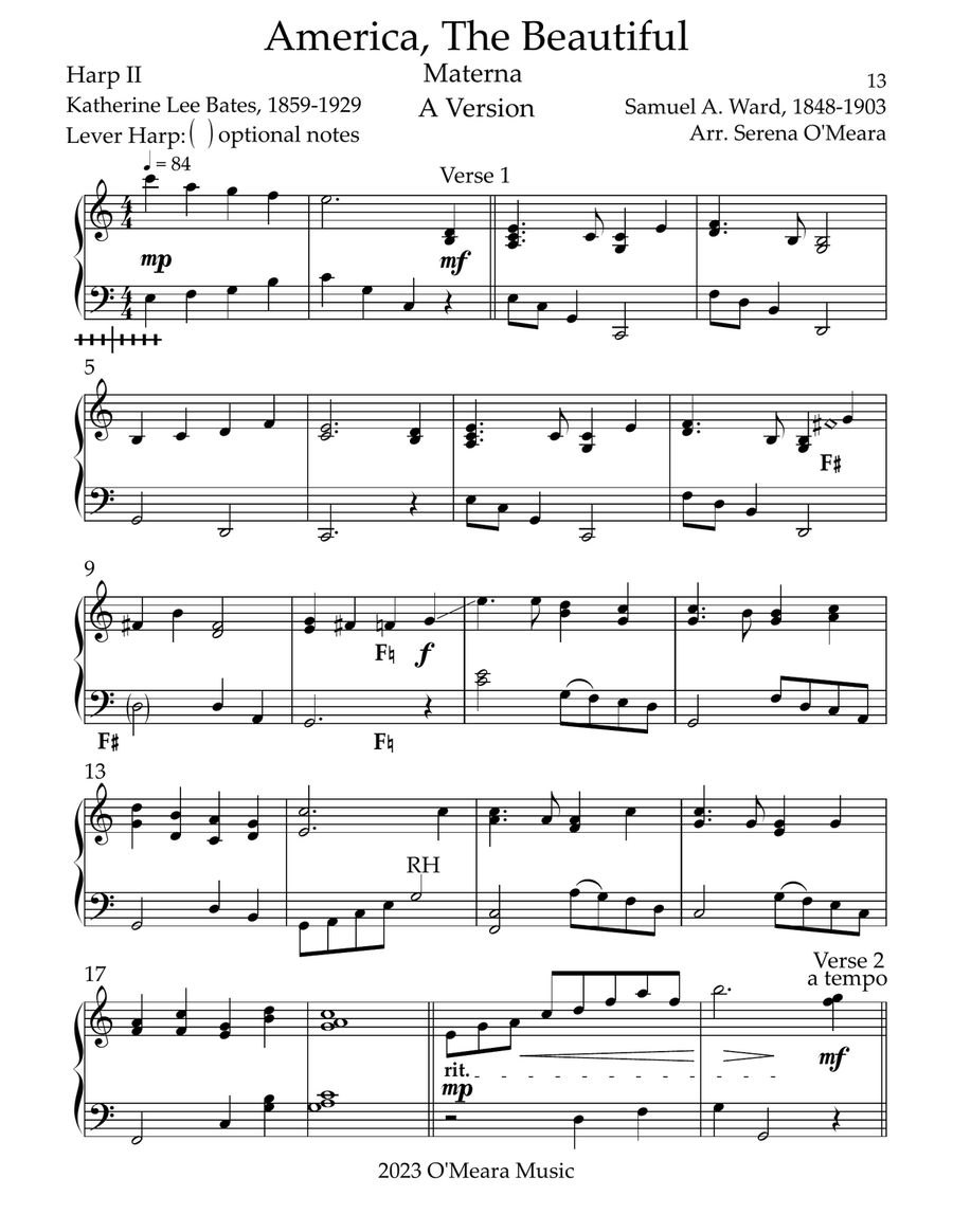 America The Beautiful, Multi-Level Duet for Harps, A Version, Harp II Pedal Harp scores gallery preview page 2