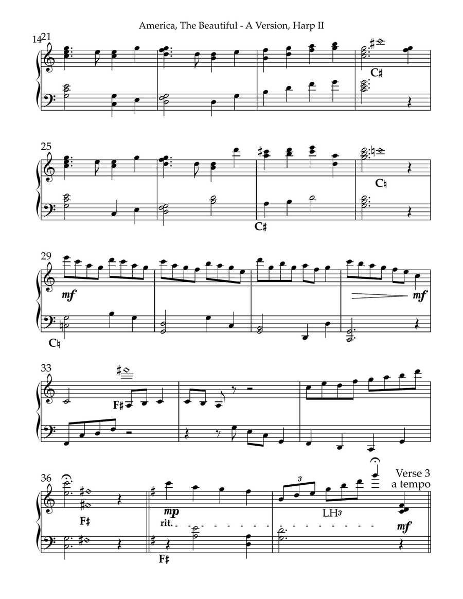 America The Beautiful, Multi-Level Duet for Harps, A Version, Harp II Pedal Harp scores gallery preview page 3