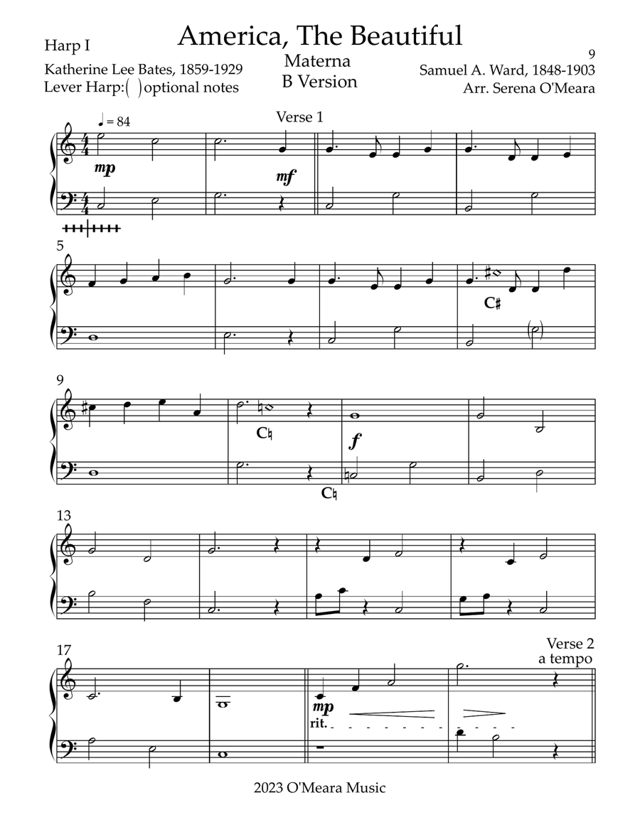 America The Beautiful, Multi-Level Duet for Harps, B Version, Harp I Pedal Harp scores gallery preview page 2