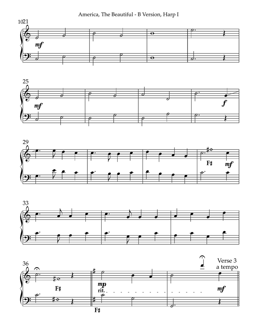 America The Beautiful, Multi-Level Duet for Harps, B Version, Harp I Pedal Harp scores gallery preview page 3