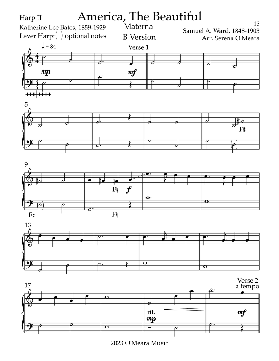 America The Beautiful, Multi-Level Duet for Harps, B Version, Harp II Pedal Harp scores gallery preview page 2