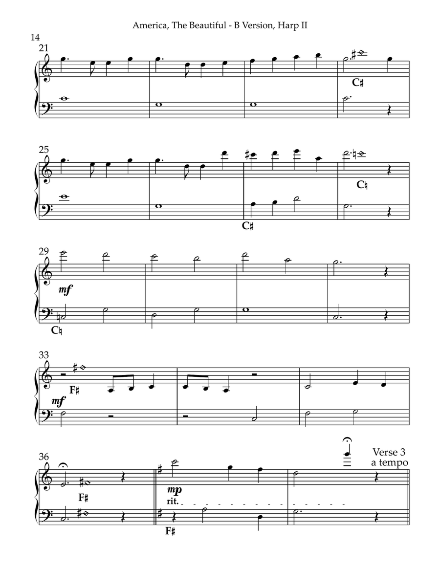 America The Beautiful, Multi-Level Duet for Harps, B Version, Harp II Pedal Harp scores gallery preview page 3