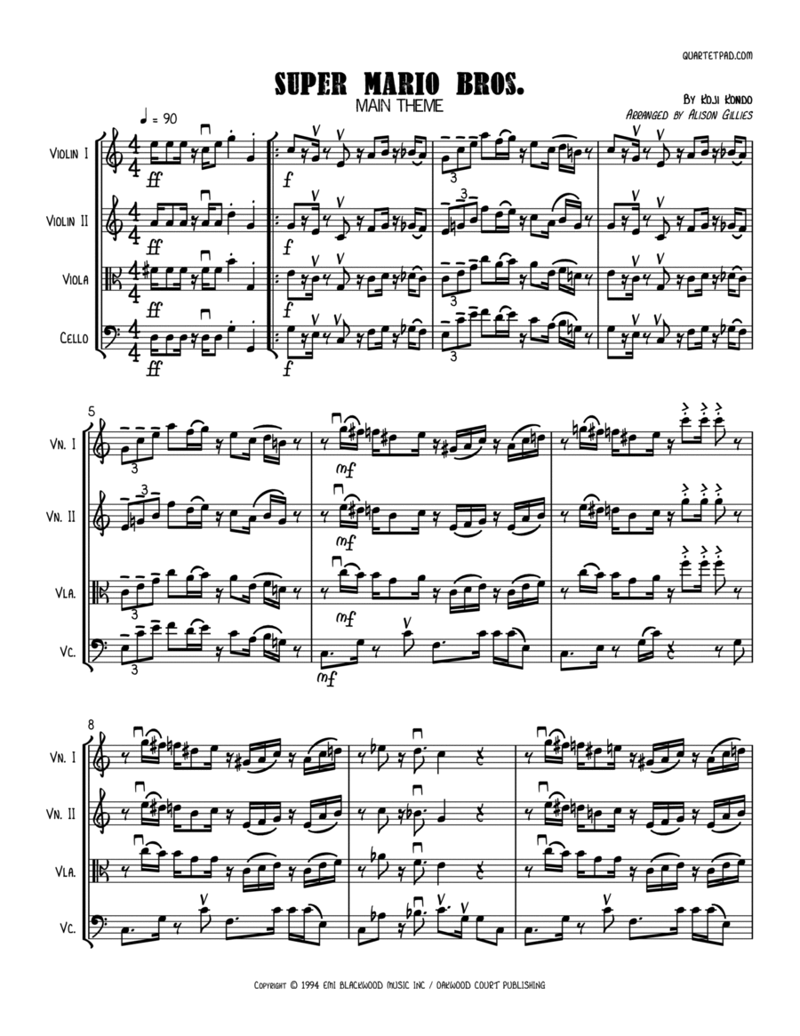 Super Mario Bros Theme String Quartet scores gallery preview page 1