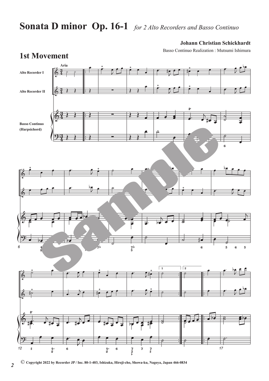 Trio Sonatas Vol. 1 by Johann Christian Schickhardt Alto Recorder - Sheet Music page 2
