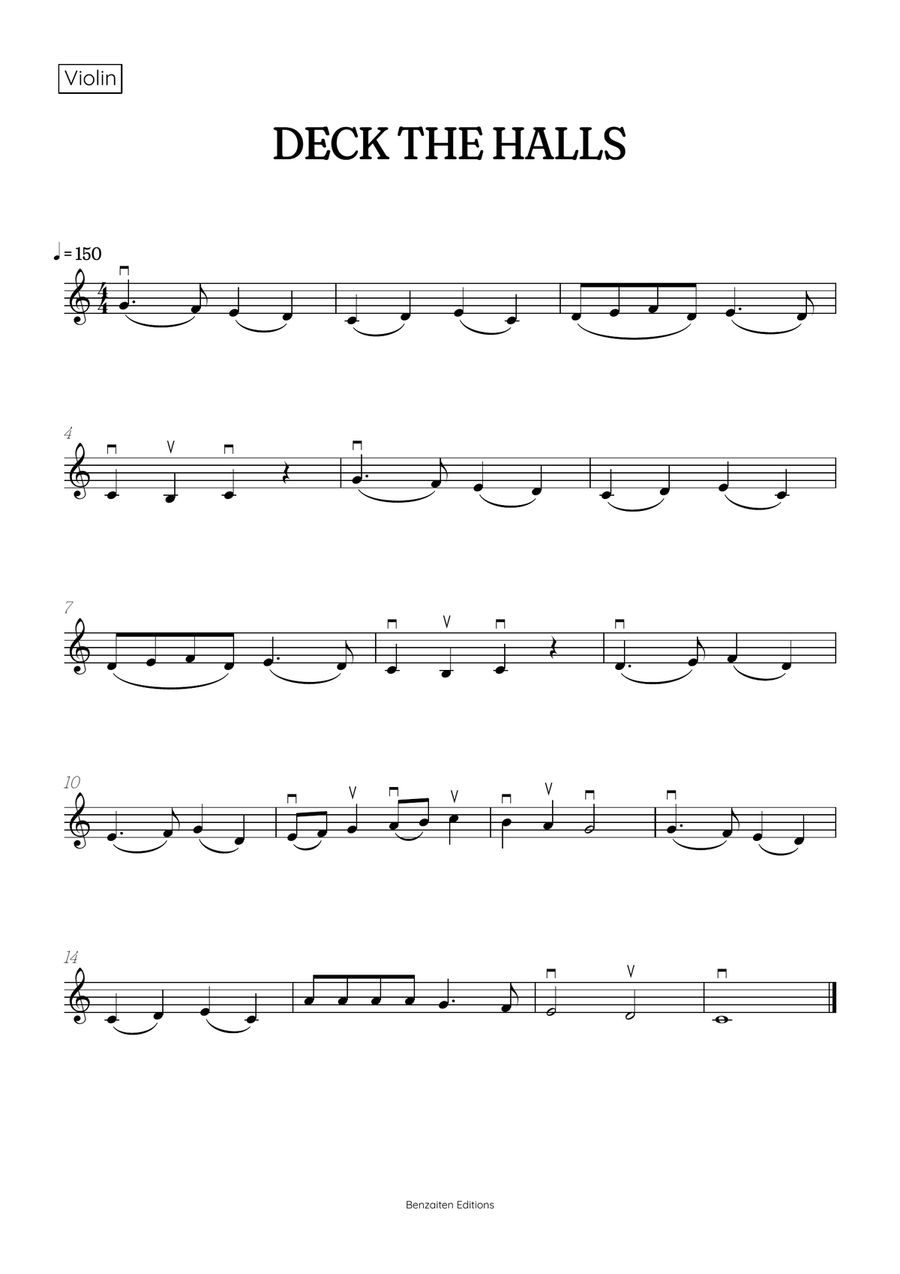 Deck the Halls for violin and cello duet • super easy Christmas song sheet music with bowings String Duet scores gallery preview page 2