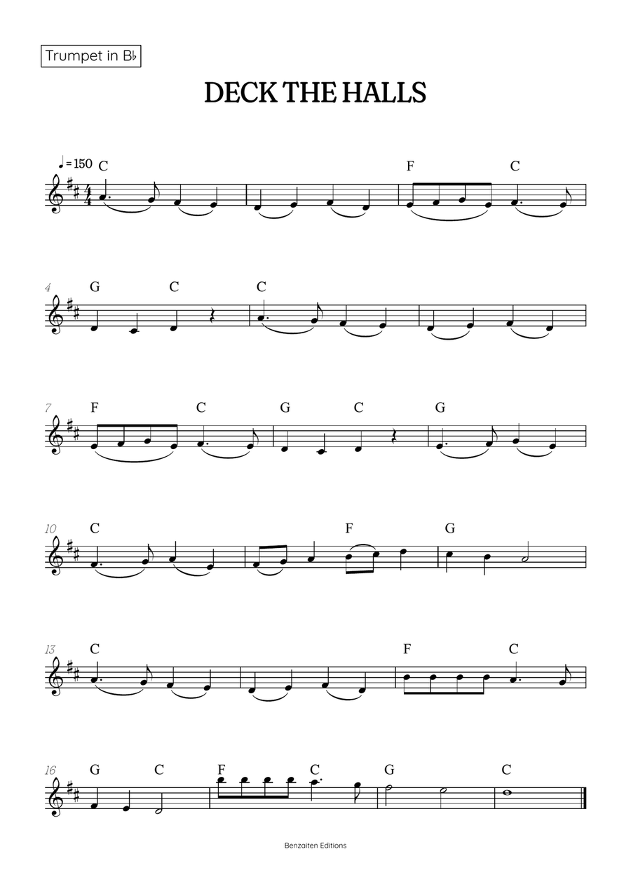 Deck the Halls for trumpet and trombone duet • intermediate Christmas song sheet music with chords Brass Duet scores gallery preview page 2