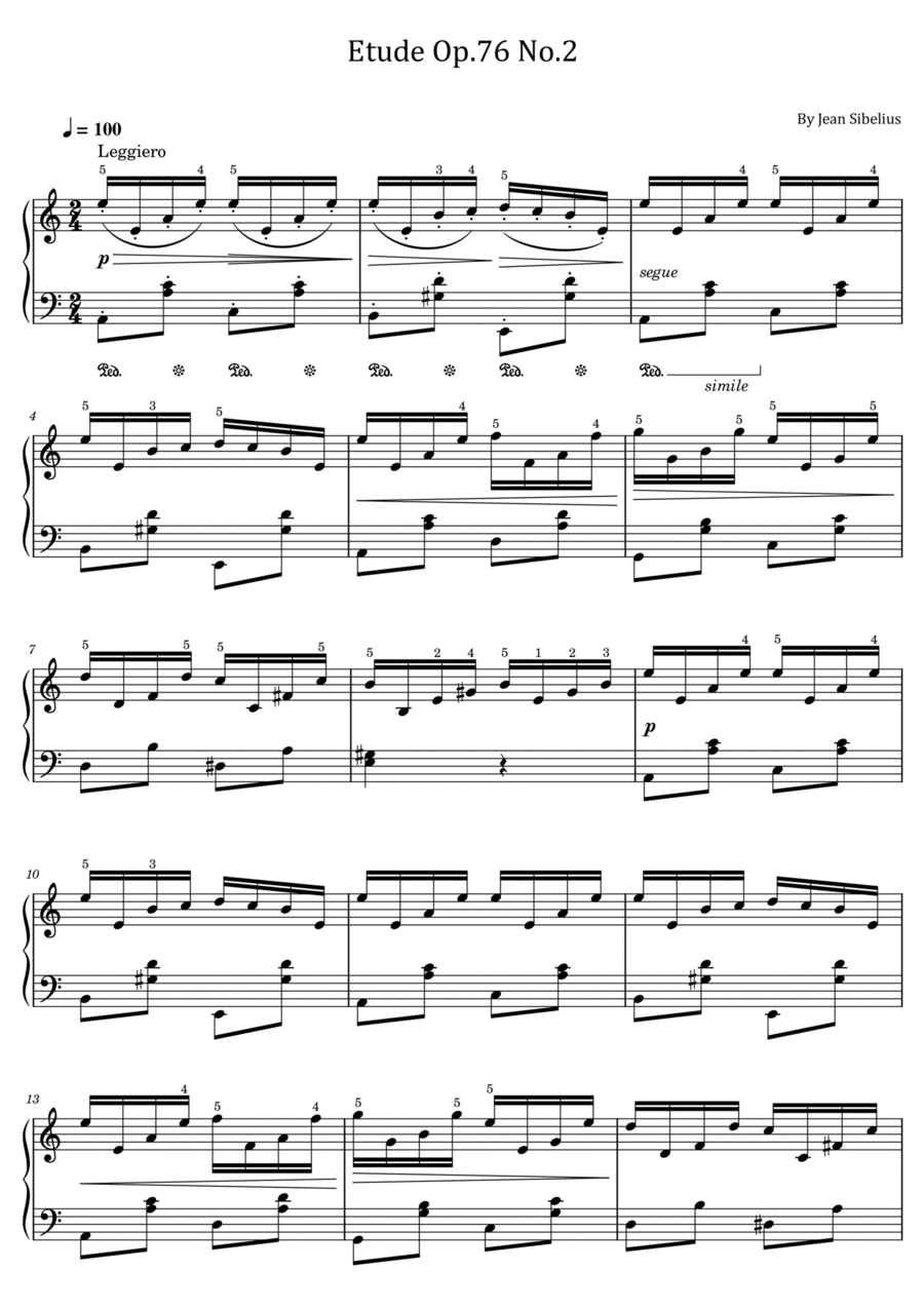 Jean Sibelius - Etude Op.76 No.2 - Original With Fingered - For Piano Solo Piano Method scores gallery preview page 1