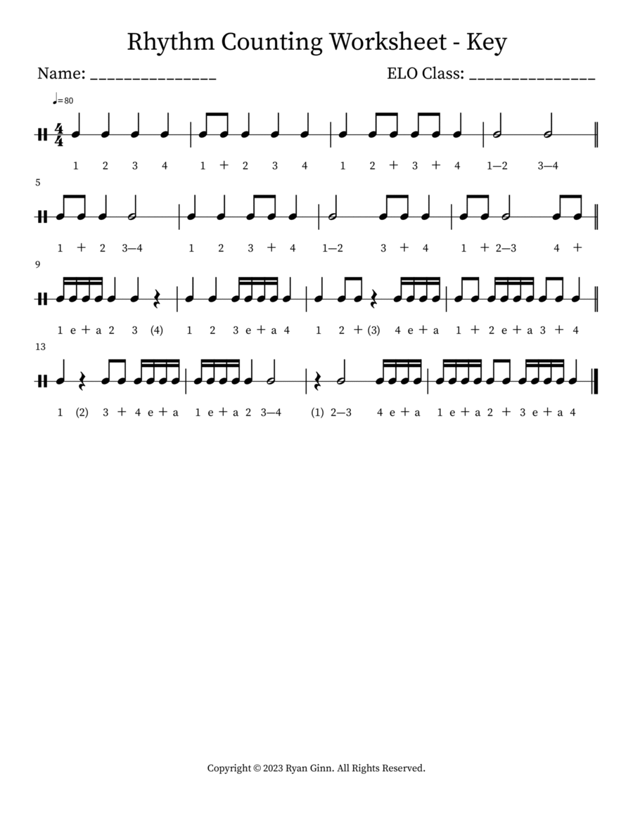 Rhythm Counting Worksheet - Key Percussion scores gallery preview page 1