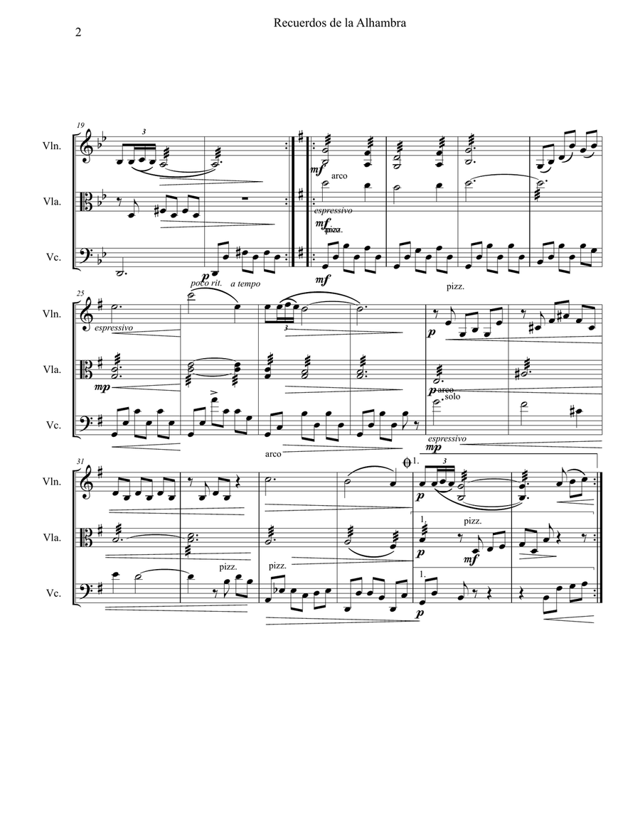 Recuerdos de la Alhambra, Score and Parts, for String Trio--Violin, Viola, Cello String Trio scores gallery preview page 3