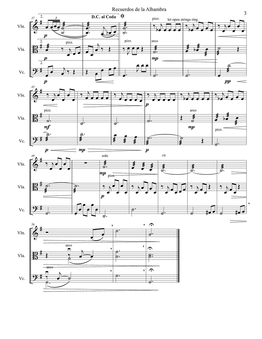Recuerdos de la Alhambra, Score and Parts, for String Trio--Violin, Viola, Cello String Trio scores gallery preview page 4
