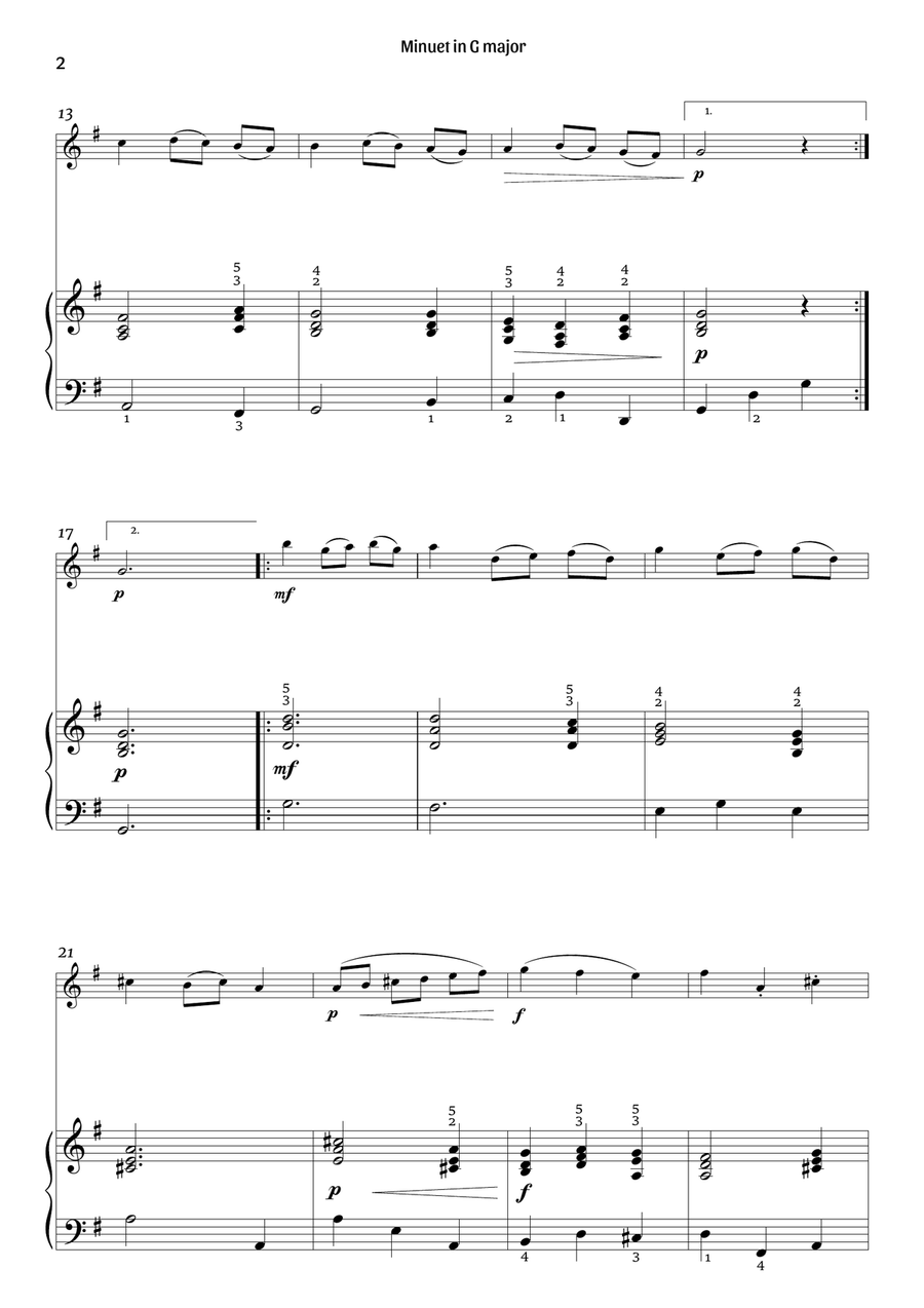 Minuet in G major (flute and piano – clean with fingering) Flute scores gallery preview page 2