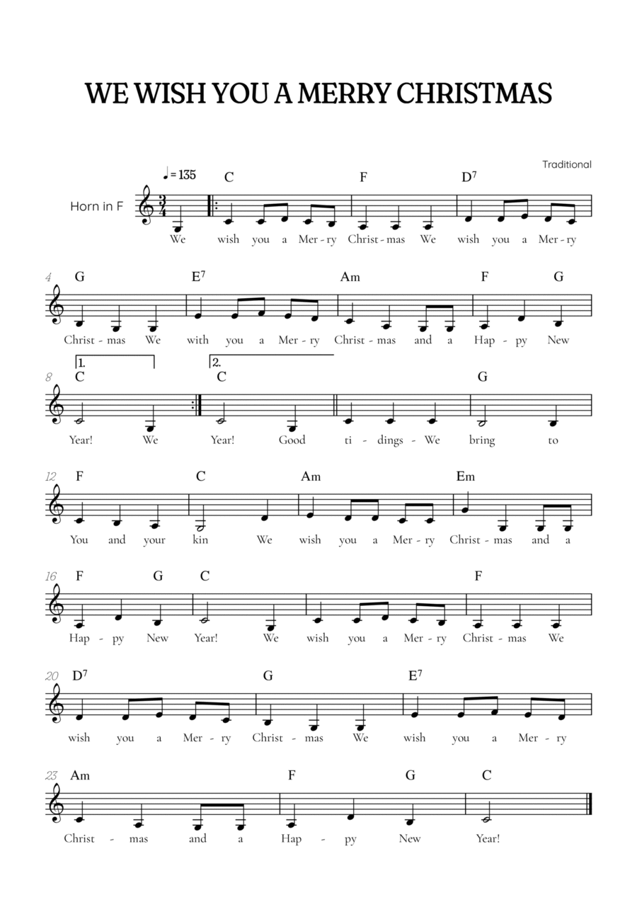 We Wish You a Merry Christmas for french horn • easy Christmas sheet music with chords and lyrics Horn Solo scores gallery preview page 1