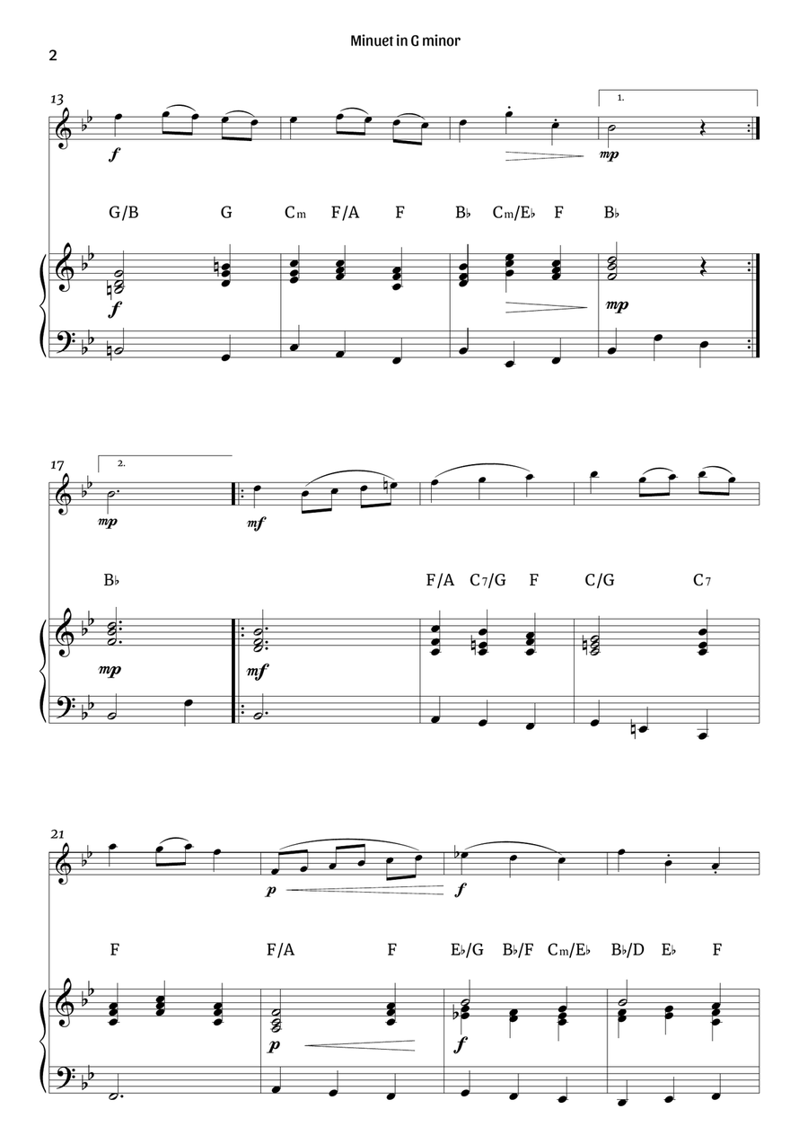 Minuet in G minor (flute and piano – clean with chords) Flute scores gallery preview page 2