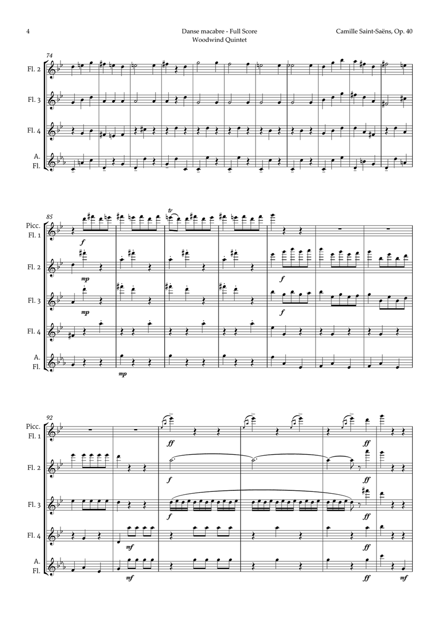 Danse Macabre by Camille Saint-Saens for Flute Quintet Woodwind Quintet scores gallery preview page 4