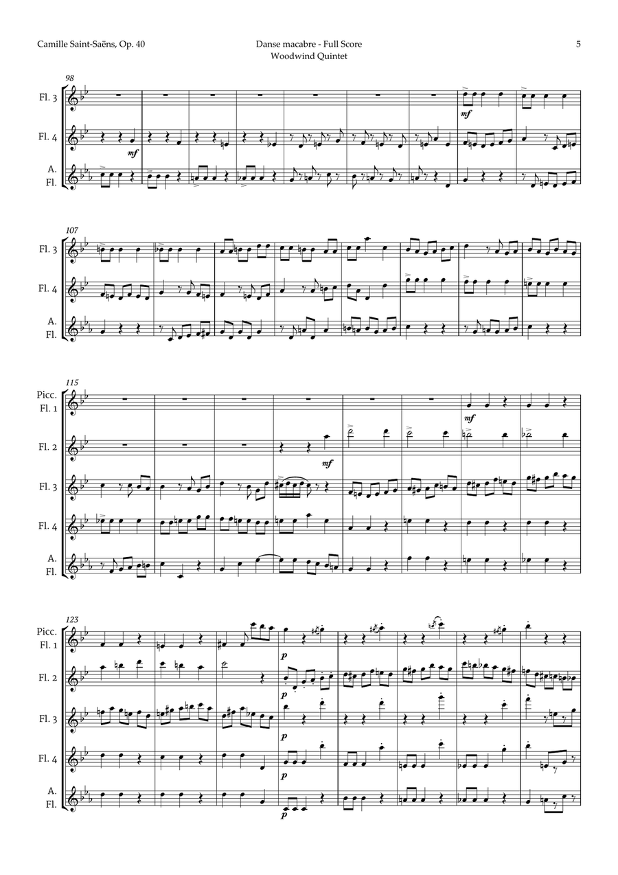 Danse Macabre by Camille Saint-Saens for Flute Quintet Woodwind Quintet scores gallery preview page 5