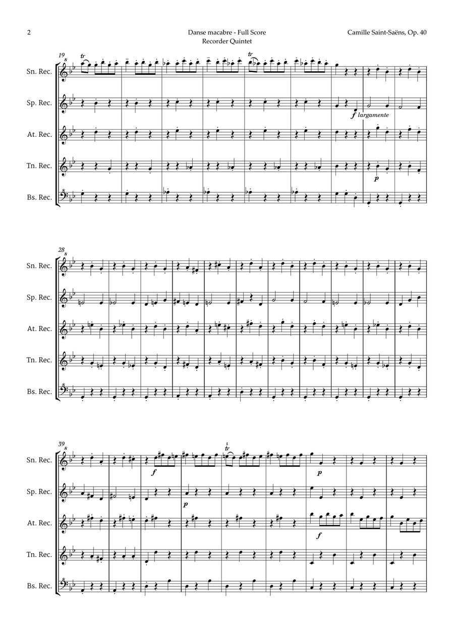 Danse Macabre by Camille Saint-Saens for Recorder Quintet Chamber Music scores gallery preview page 2