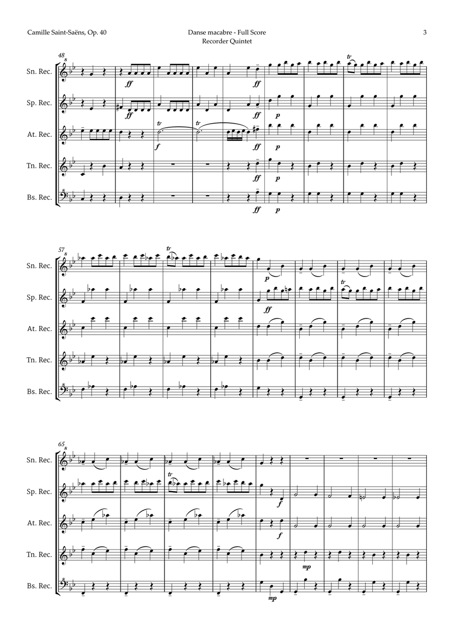 Danse Macabre by Camille Saint-Saens for Recorder Quintet Chamber Music scores gallery preview page 3
