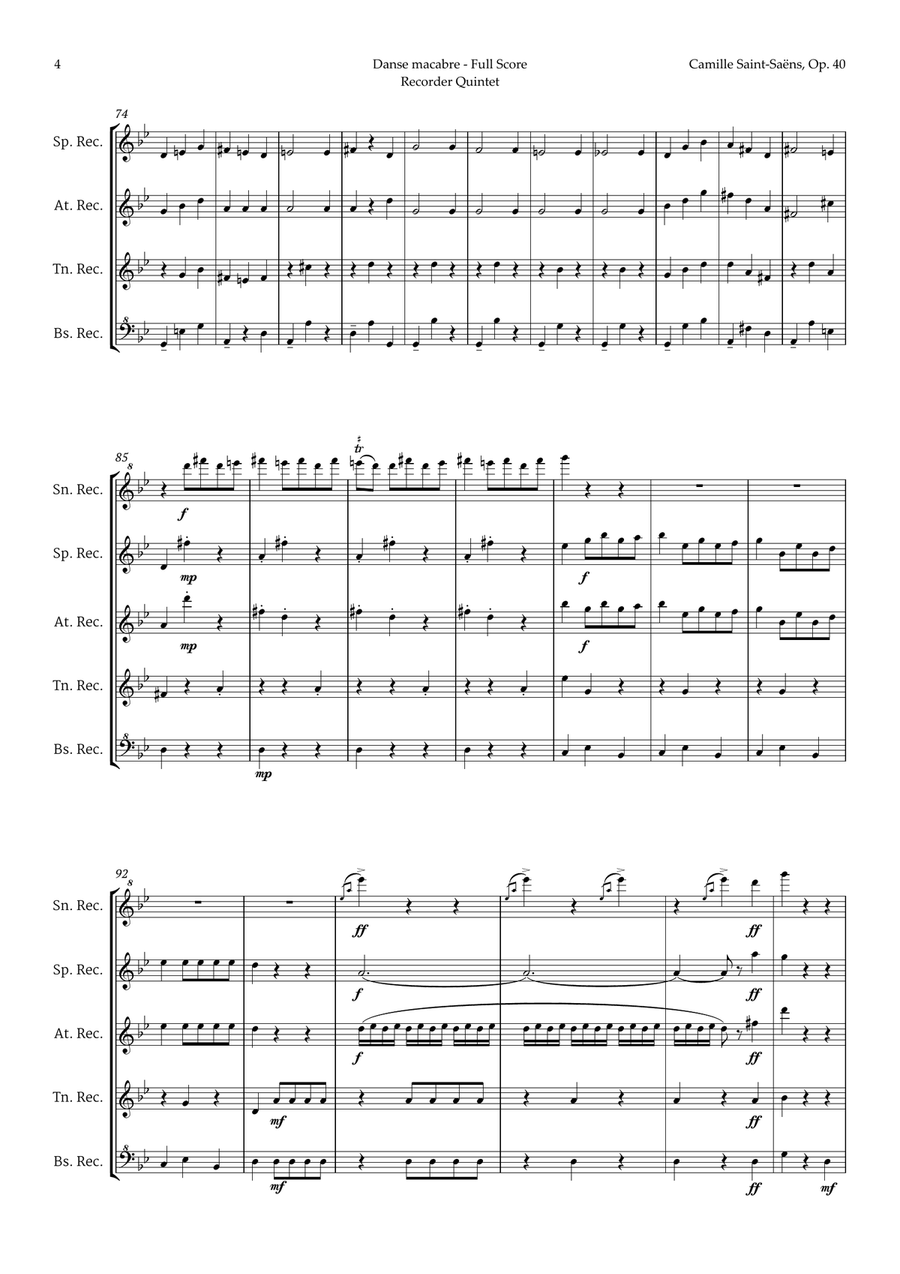 Danse Macabre by Camille Saint-Saens for Recorder Quintet Chamber Music scores gallery preview page 4