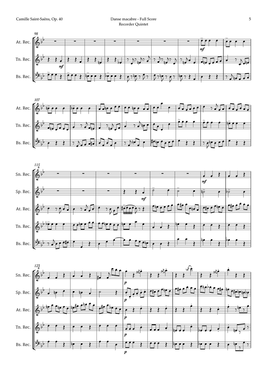 Danse Macabre by Camille Saint-Saens for Recorder Quintet Chamber Music scores gallery preview page 5