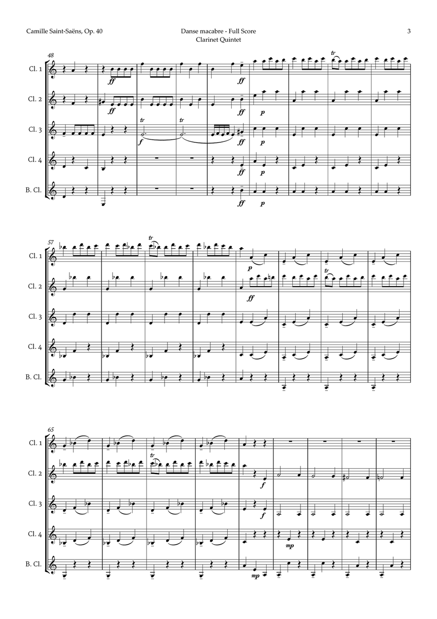 Danse Macabre by Camille Saint-Saens for Clarinet Quintet Clarinet Quintet scores gallery preview page 3